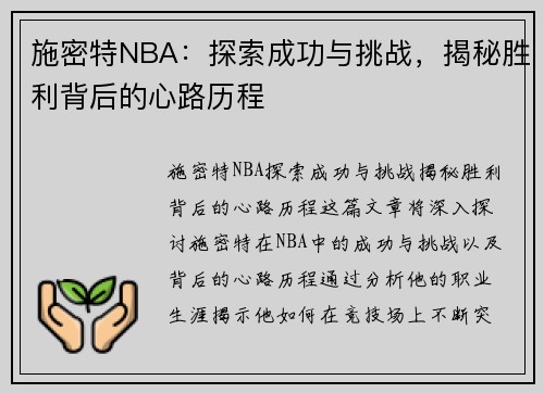 施密特NBA：探索成功与挑战，揭秘胜利背后的心路历程